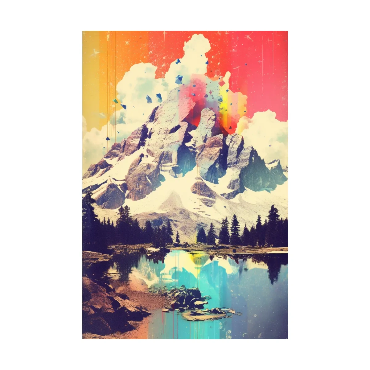 Colourful abstract painting of a mountain and lake