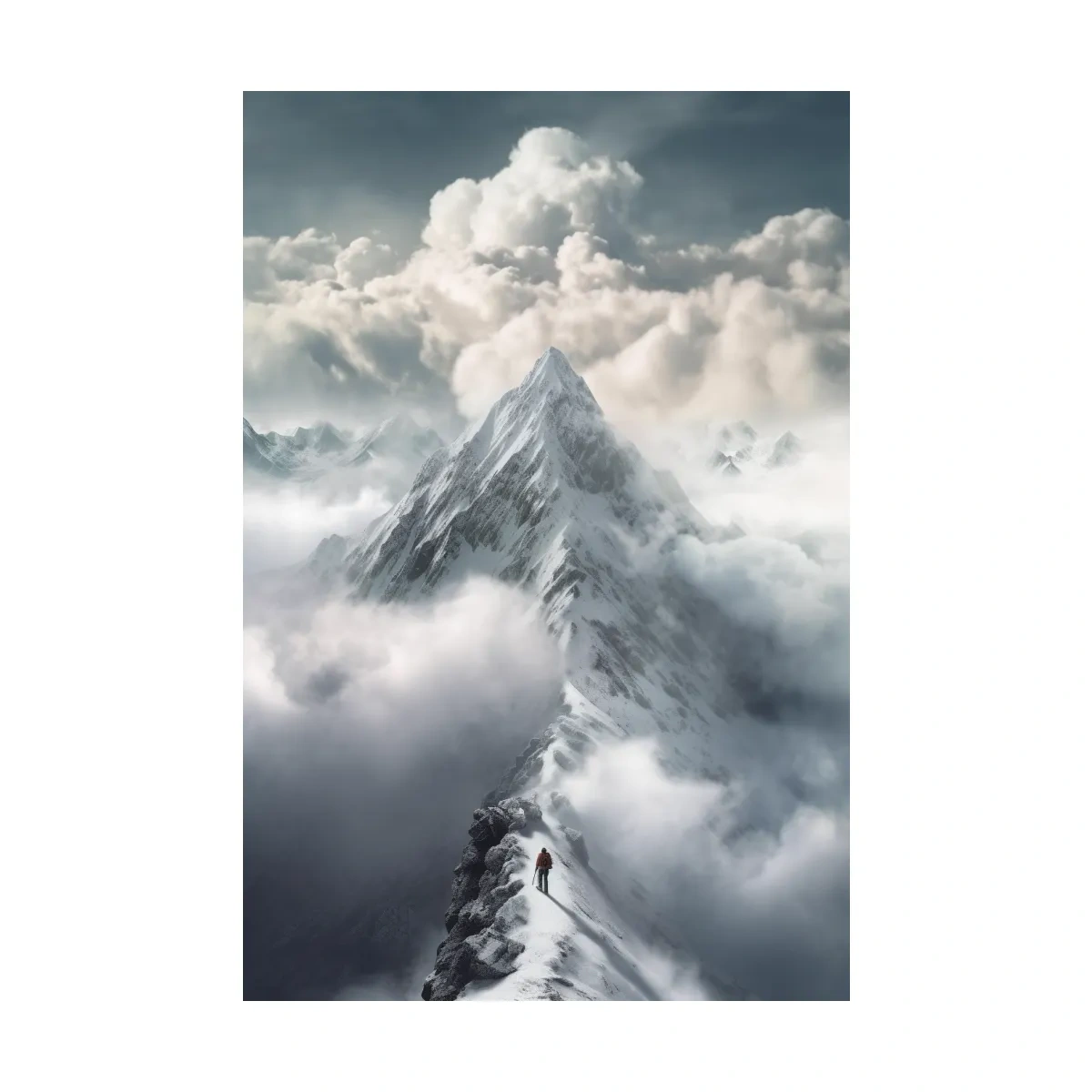 Painting of a person approaching the summit of a snowy mountain