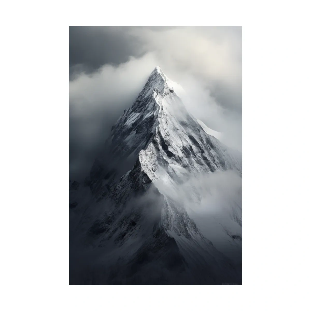 Photographic art, ominous snowy peak in the clouds