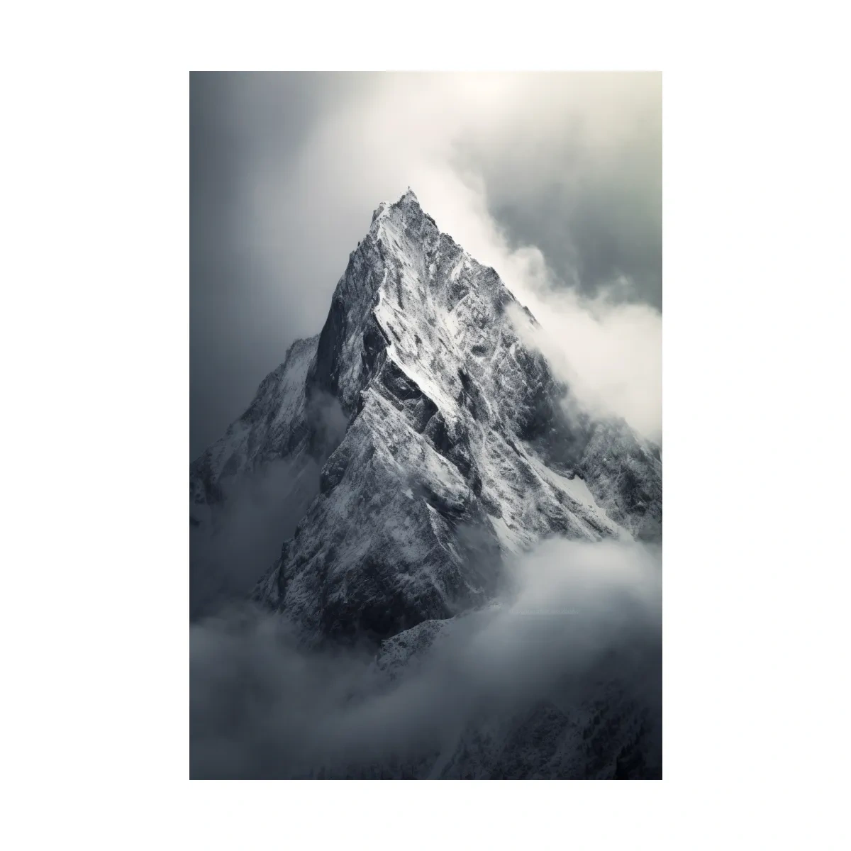 Photographic art, ominous snow capped mountain in the clouds