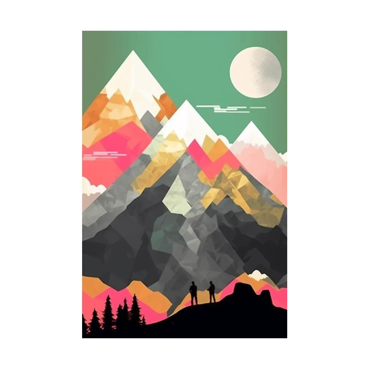Simple flat colour 2d mountain art, colourful mountain ranges