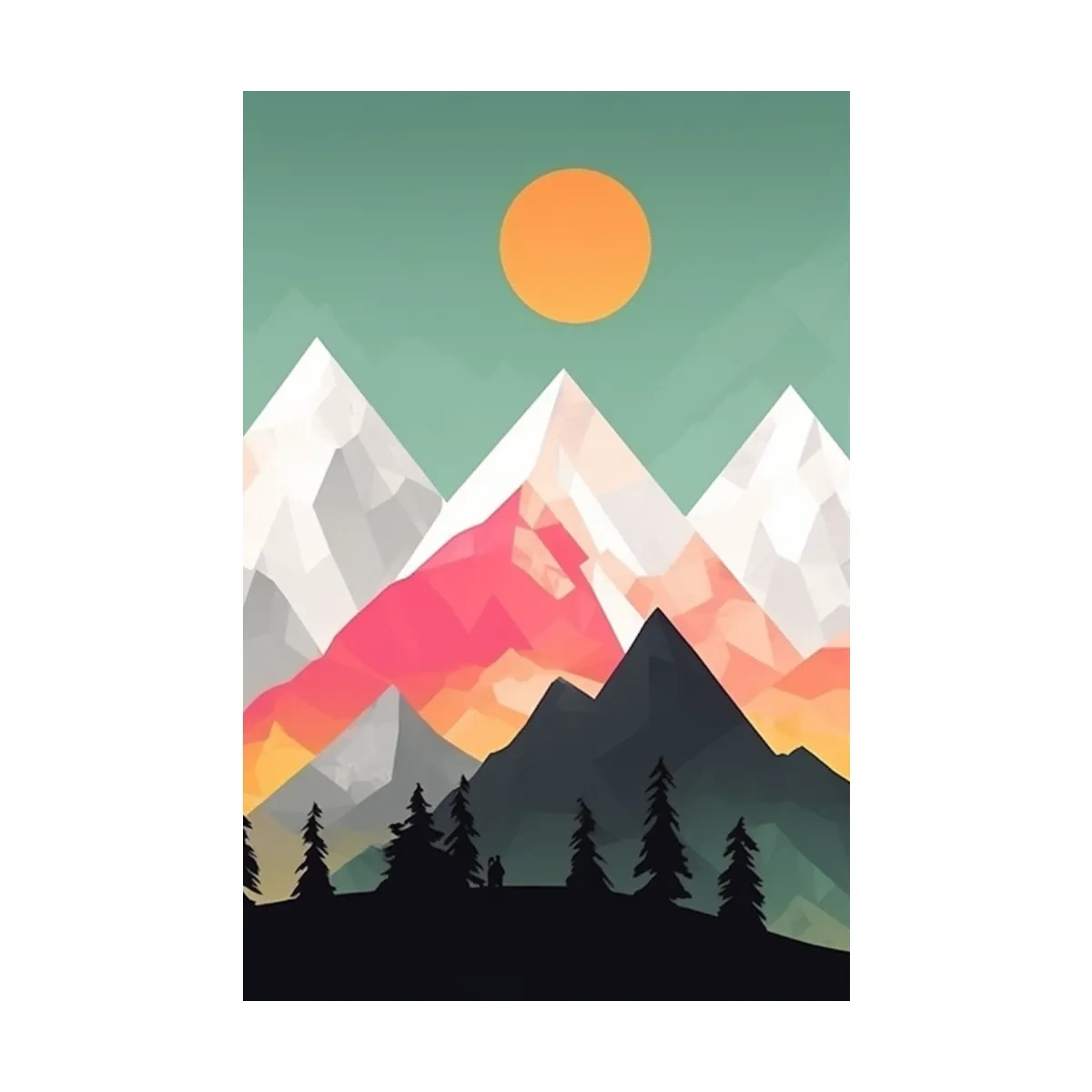 Geometric Sunset Mountain Peaks With Pine Silhouettes - Modern Colourful 2D Wall Art