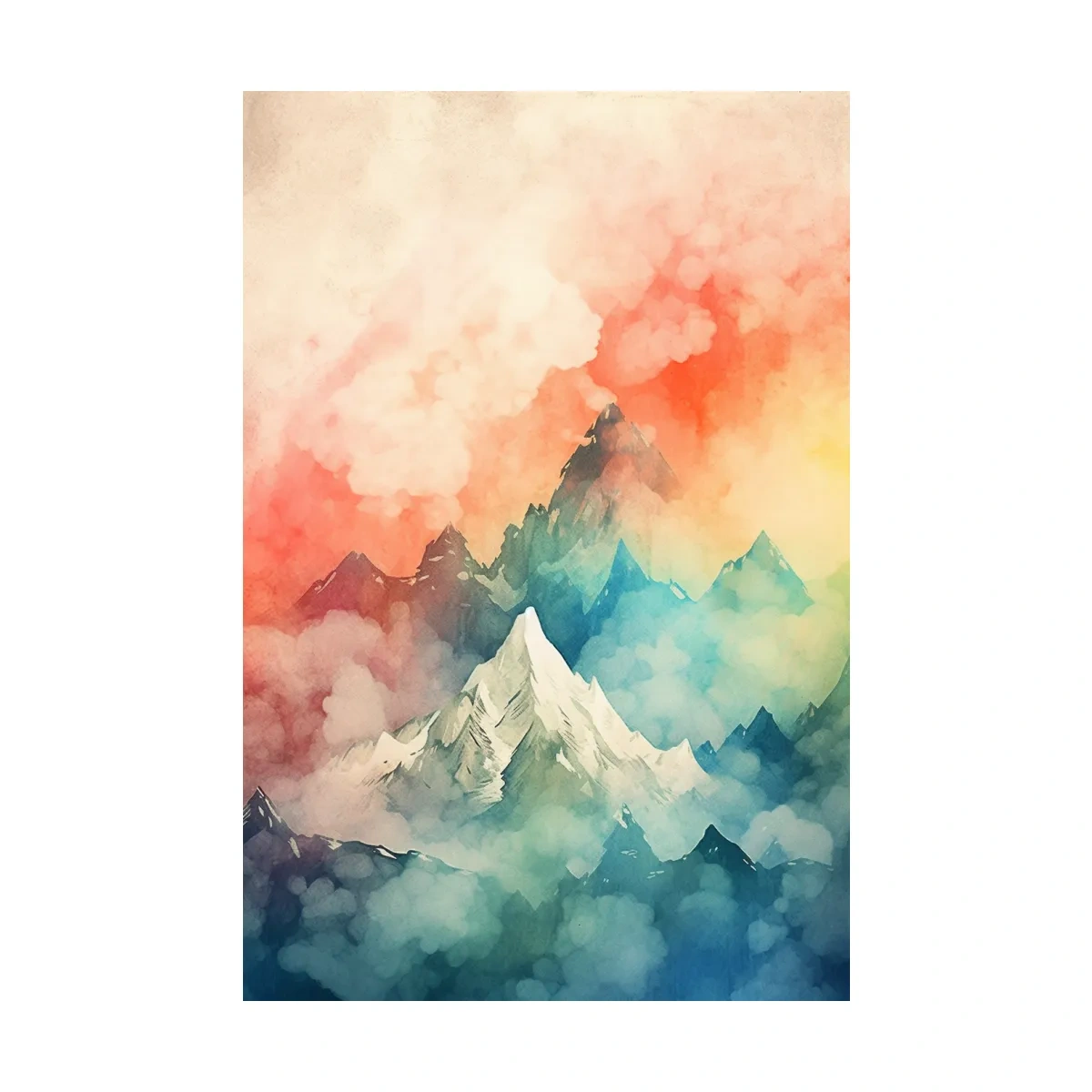 Colourful watercolour painting of a mountain landscape