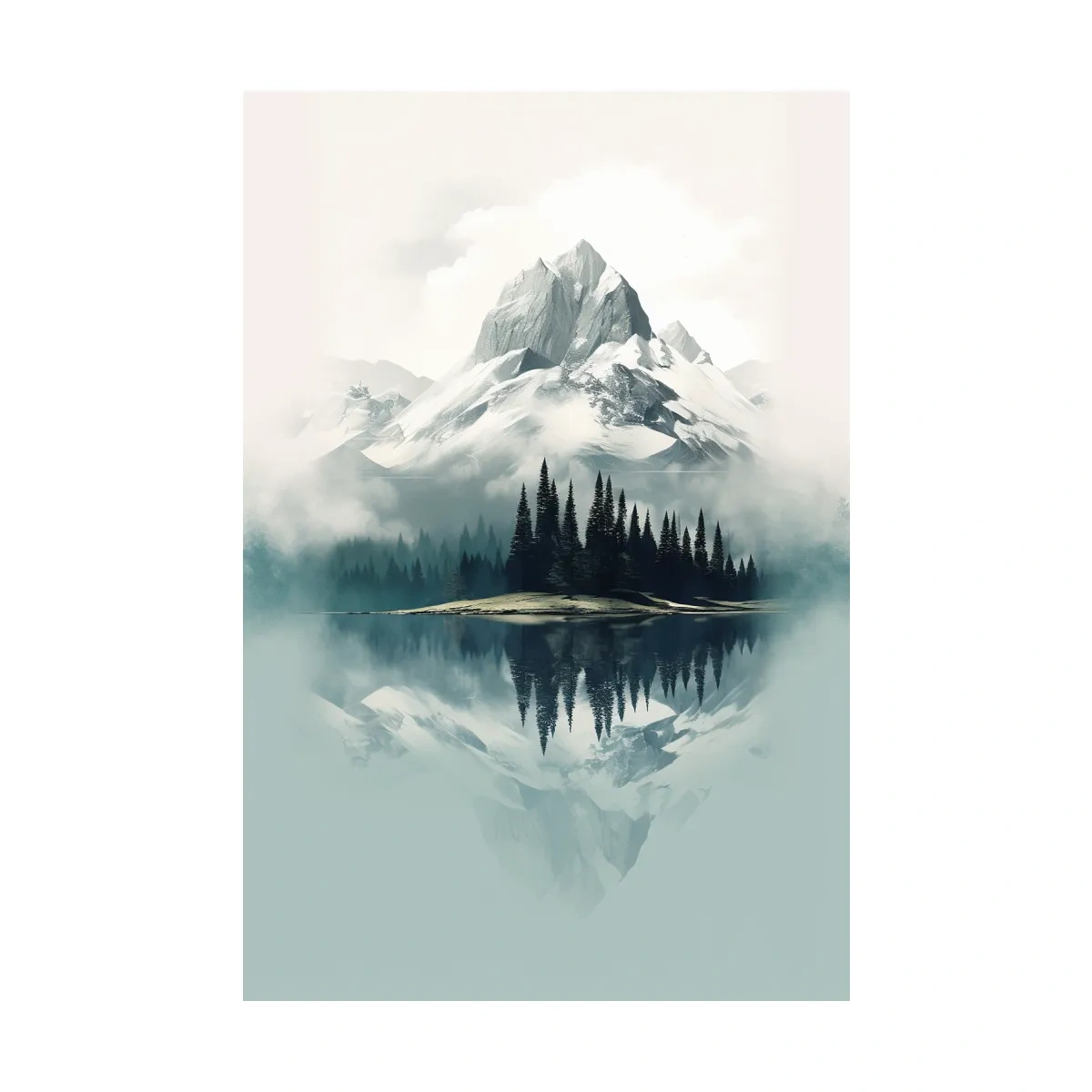 Misty Alpine Mountain Lake Reflection - Minimalist Watercolor Landscape Wall Art