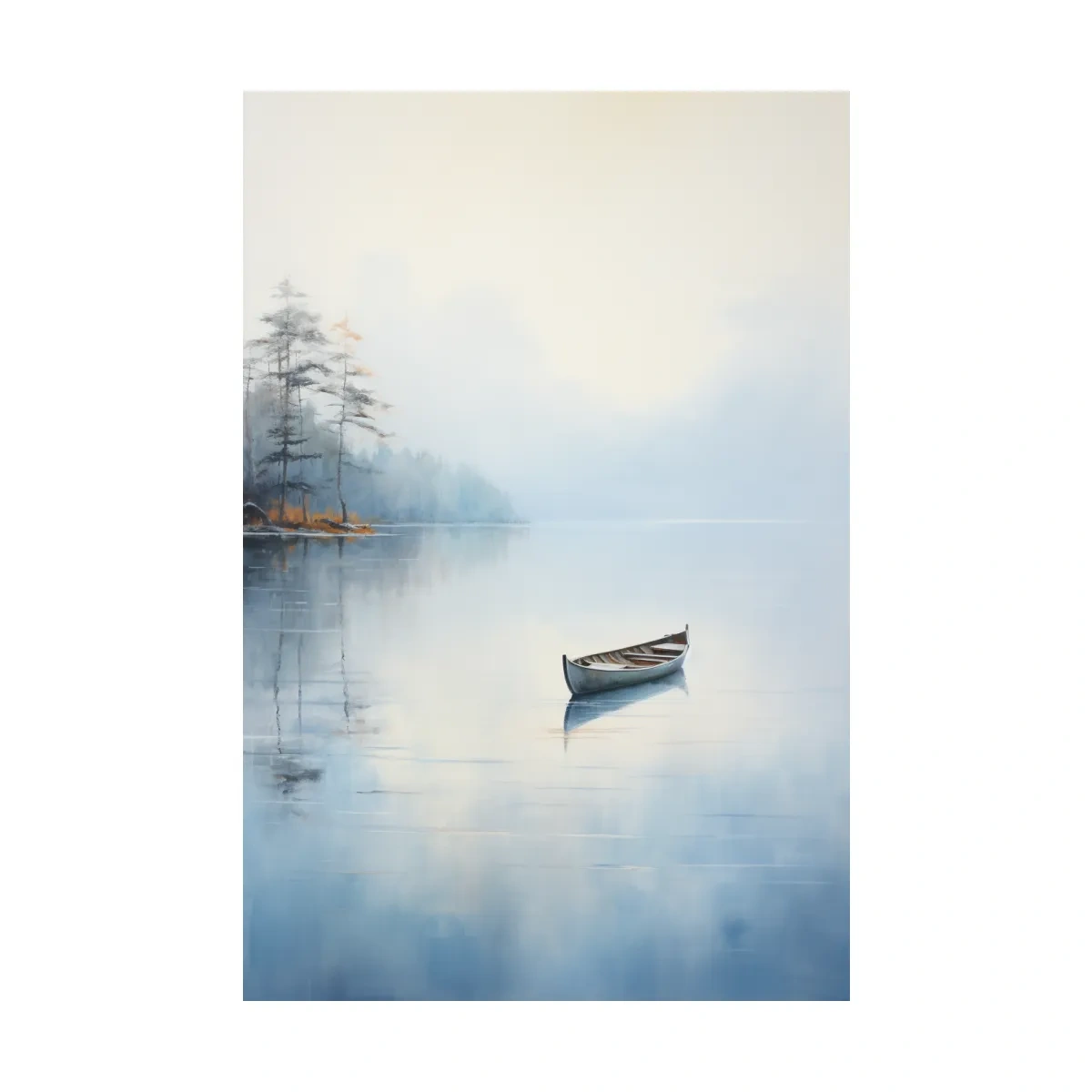 Misty Lake Canoe Reflection Painting - Serene Minimalist Waterscape Wall Art