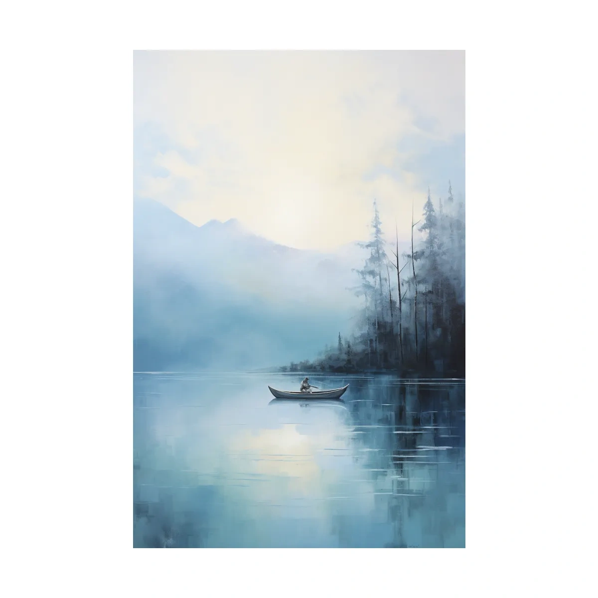 Misty Turquoise Mountain Lake Canoe Painting - Serene Forest Landscape Wall Art