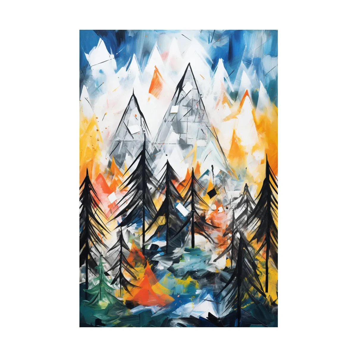 Abstract Alpine Mountain Peaks Painting - Colorful Energetic Pine Forest Landscape Wall Art