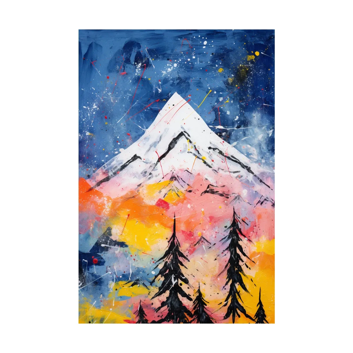 Vibrant Abstract Mountain Peak Sunset Painting - Colorful Acrylic Splash Forest Wall Art
