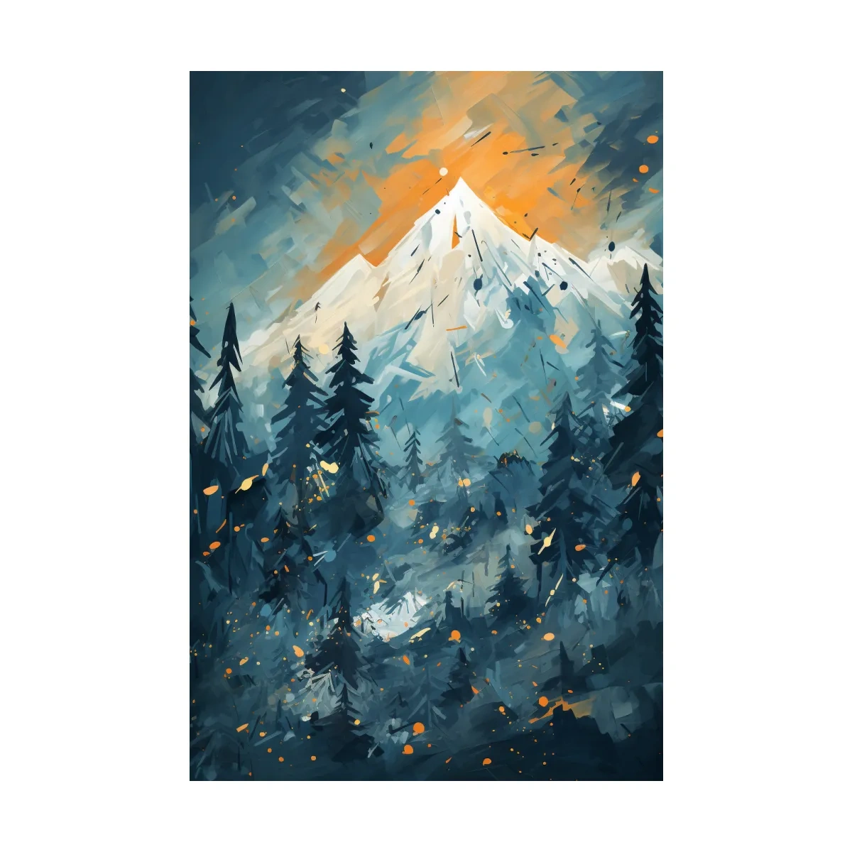 Abstract Snowy Mountain Peak Sunset - Moody Pine Forest Painting Wall Art