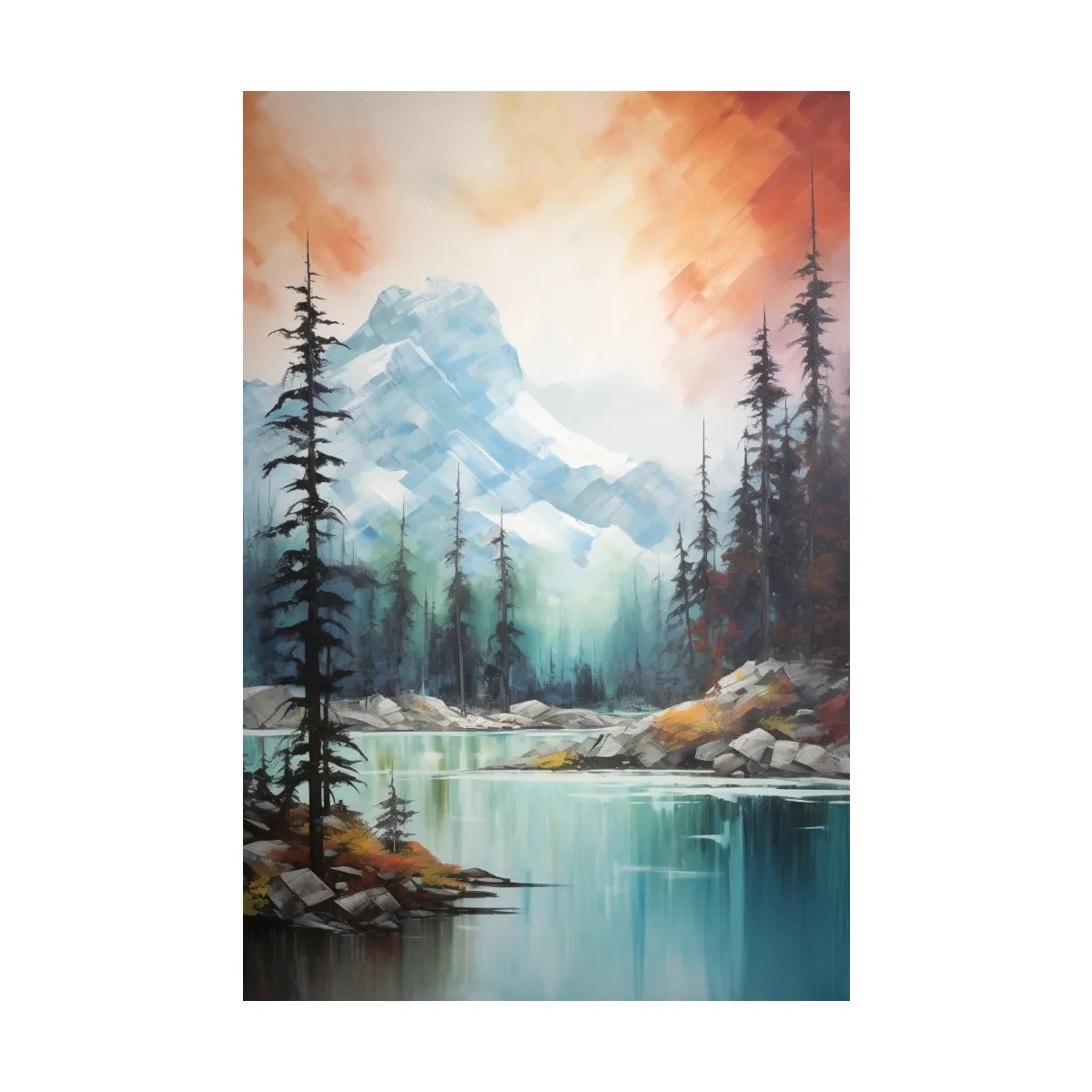 Turquoise Alpine Lake & Pine Forest Sunset Watercolor - Serene Mountain Landscape Wall Art