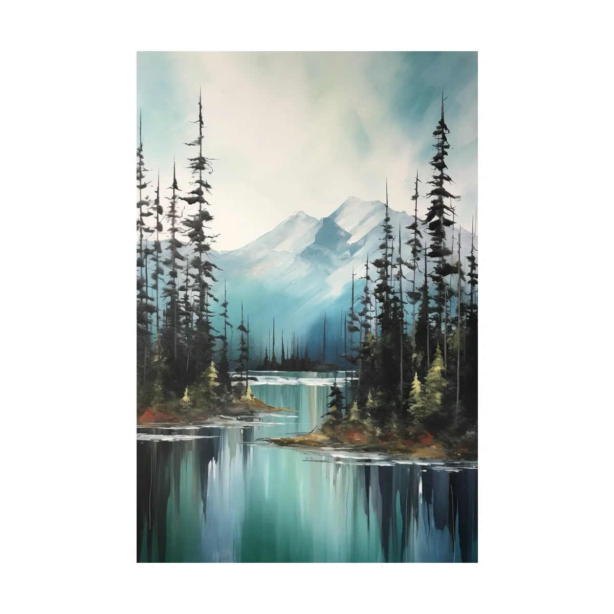 Alpine Turquoise Lake Watercolor Landscape - Serene Pine Forest Nature Wall Art