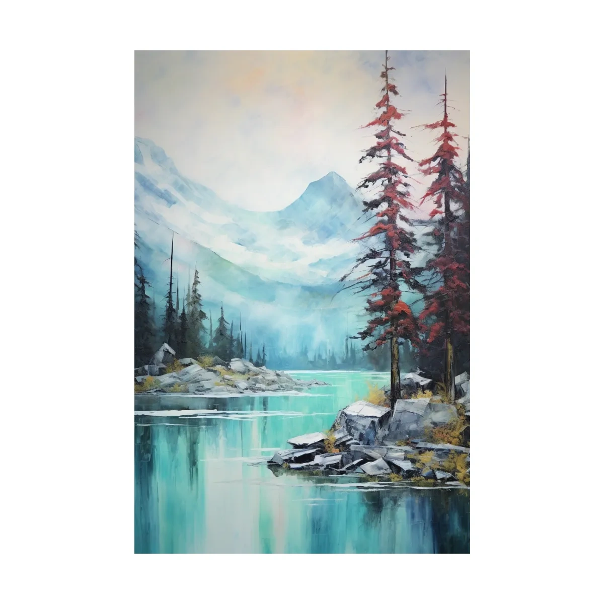 Mountain scenery painting, a turquoise alpine lake