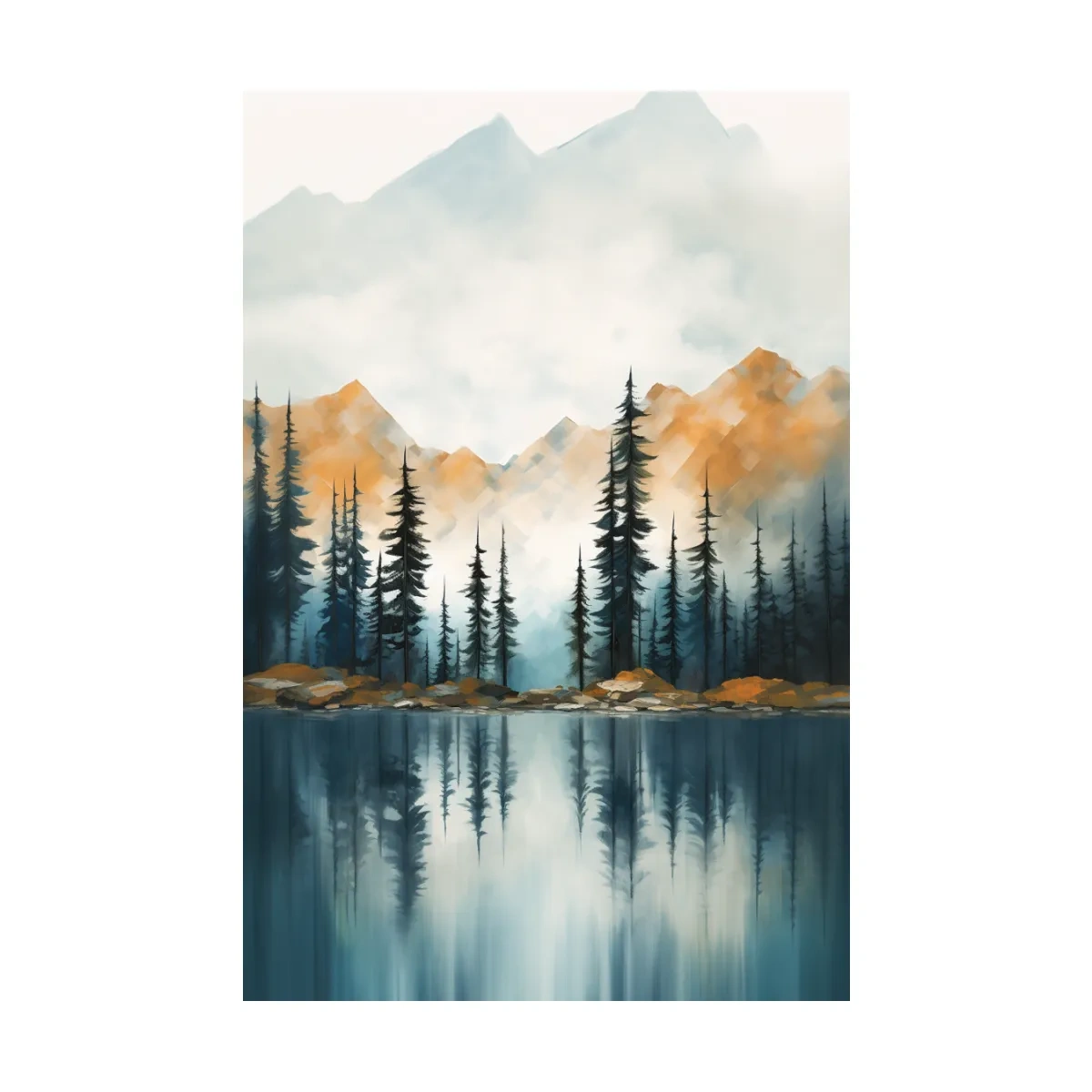Misty Watercolor Mountain Lake Reflection - Serene Pine Forest Landscape Wall Art