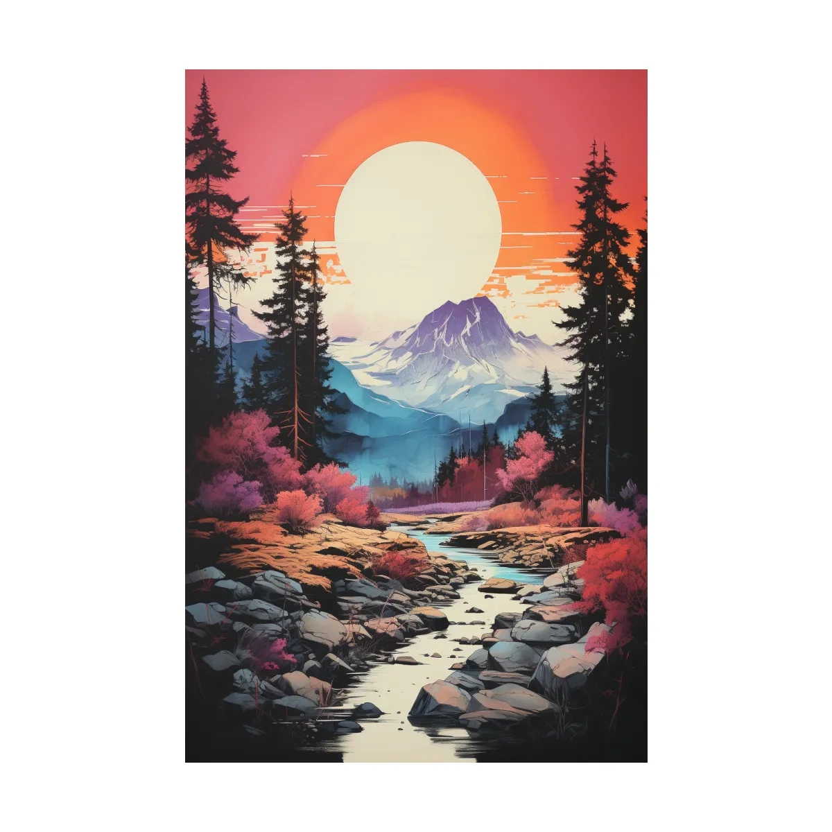 Colorful alpine scene at sunset, illustration