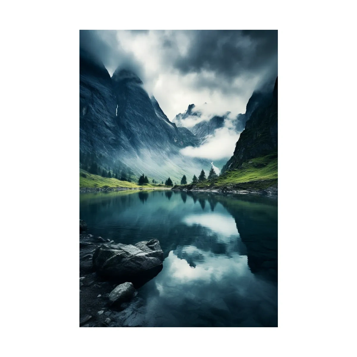 Moody Misty Alpine Lake Reflection - Dramatic Photographic Mountain Wall Art