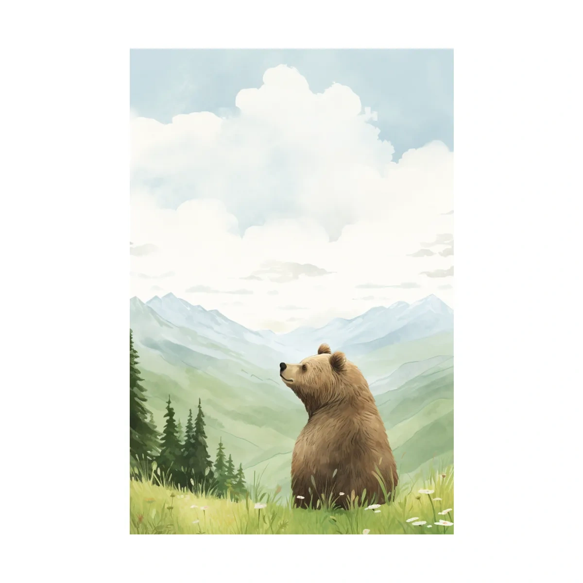 Whimsical Watercolor Bear In Mountain Meadow - Serene Nursery Wildlife Art