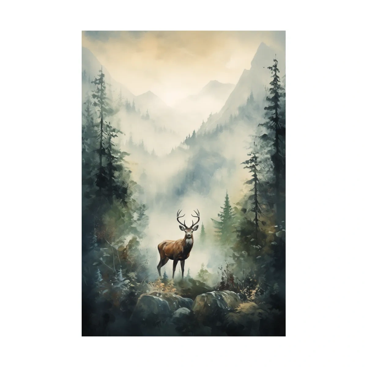 Watercolour painting of a deer standing in a misty forest
