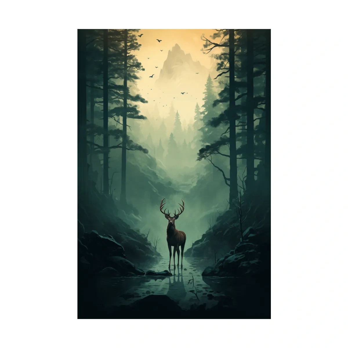 Moody Misty Forest Deer Stag Landscape - Atmospheric Wildlife Mountain Wall Art