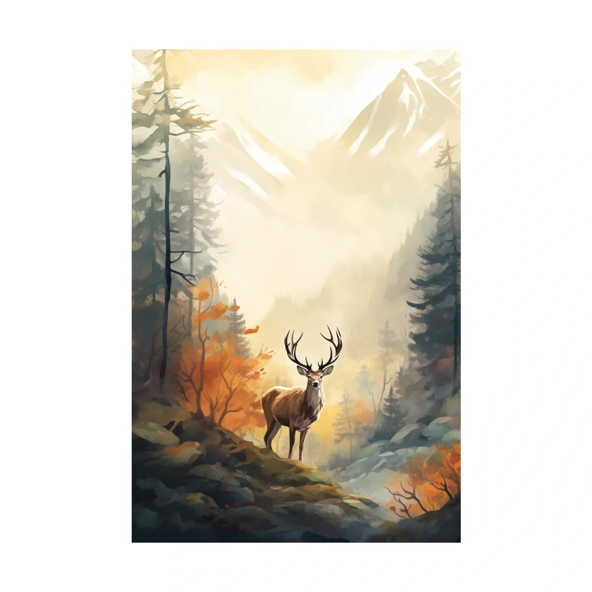 Majestic Stag In Misty Mountain Forest - Autumn Watercolor Wildlife Wall Art
