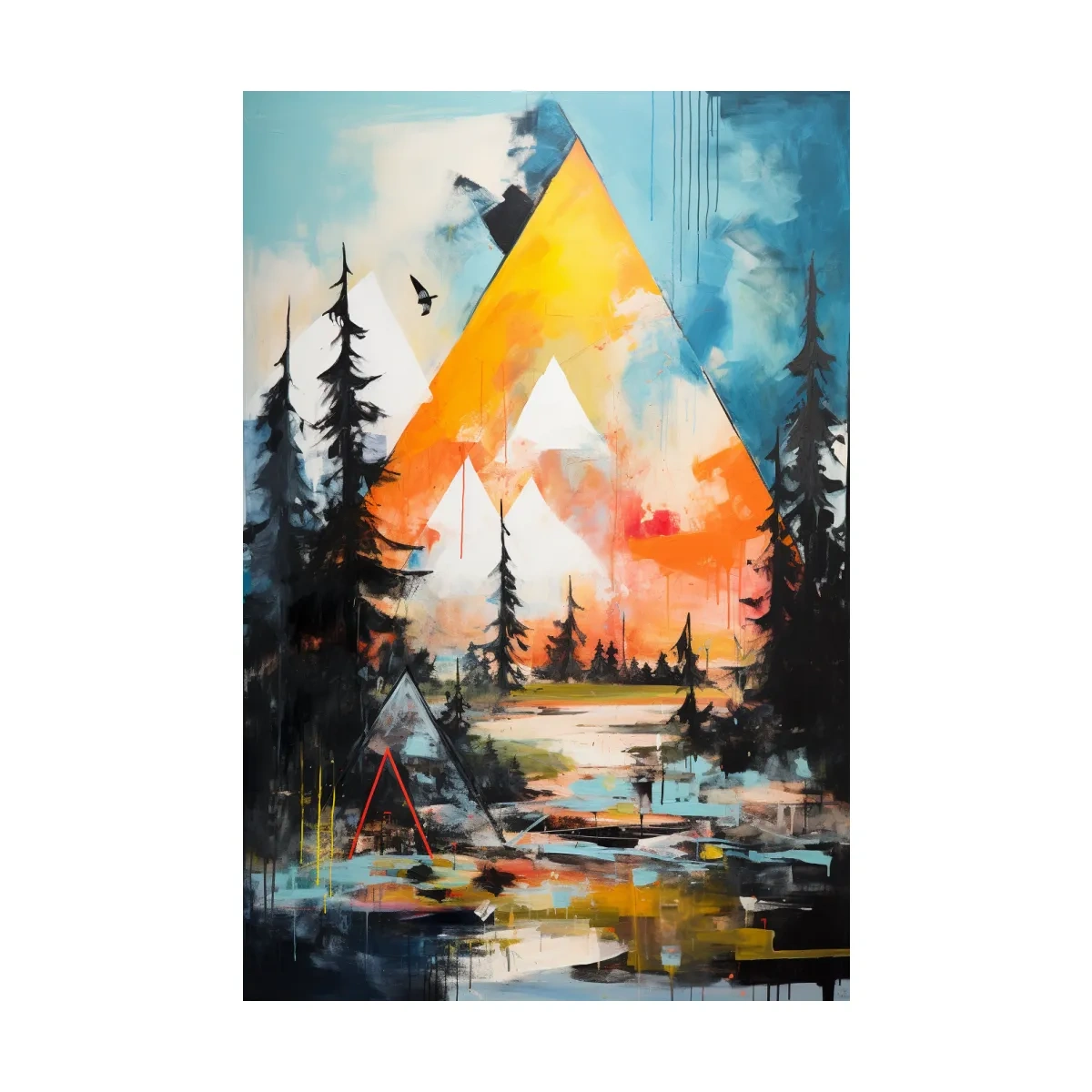 Vibrant Abstract Mountain Painting - Modern Geometric Alpine Forest Wall Art