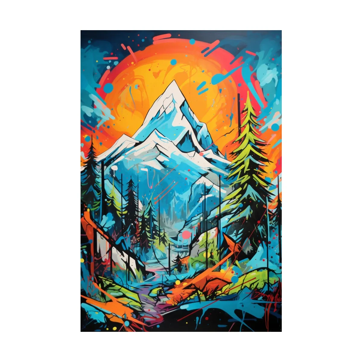 Graffitti inspired art of sunset over a glacier, vibrant wall art