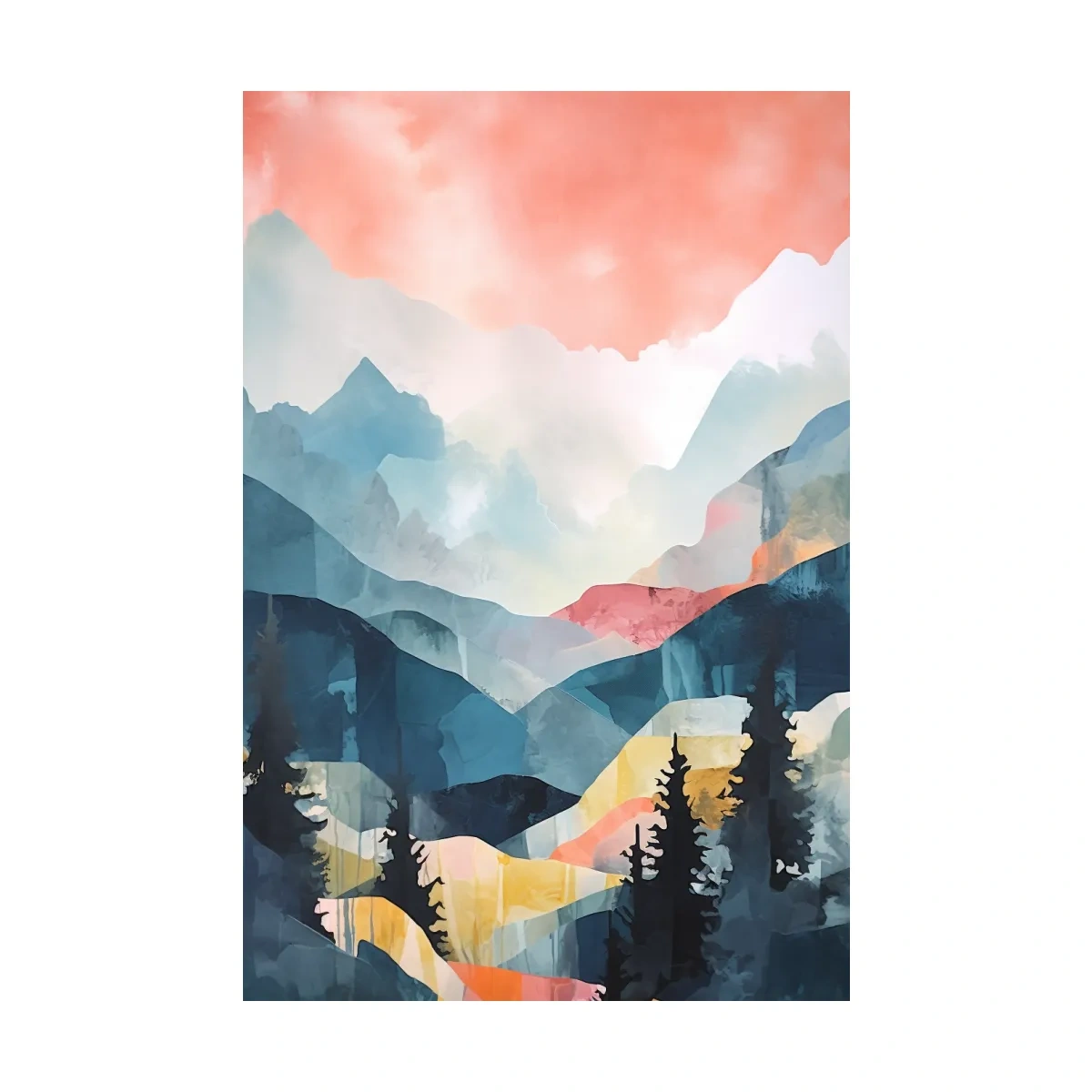 Abstract pastel painting - mountains and trees at sunset