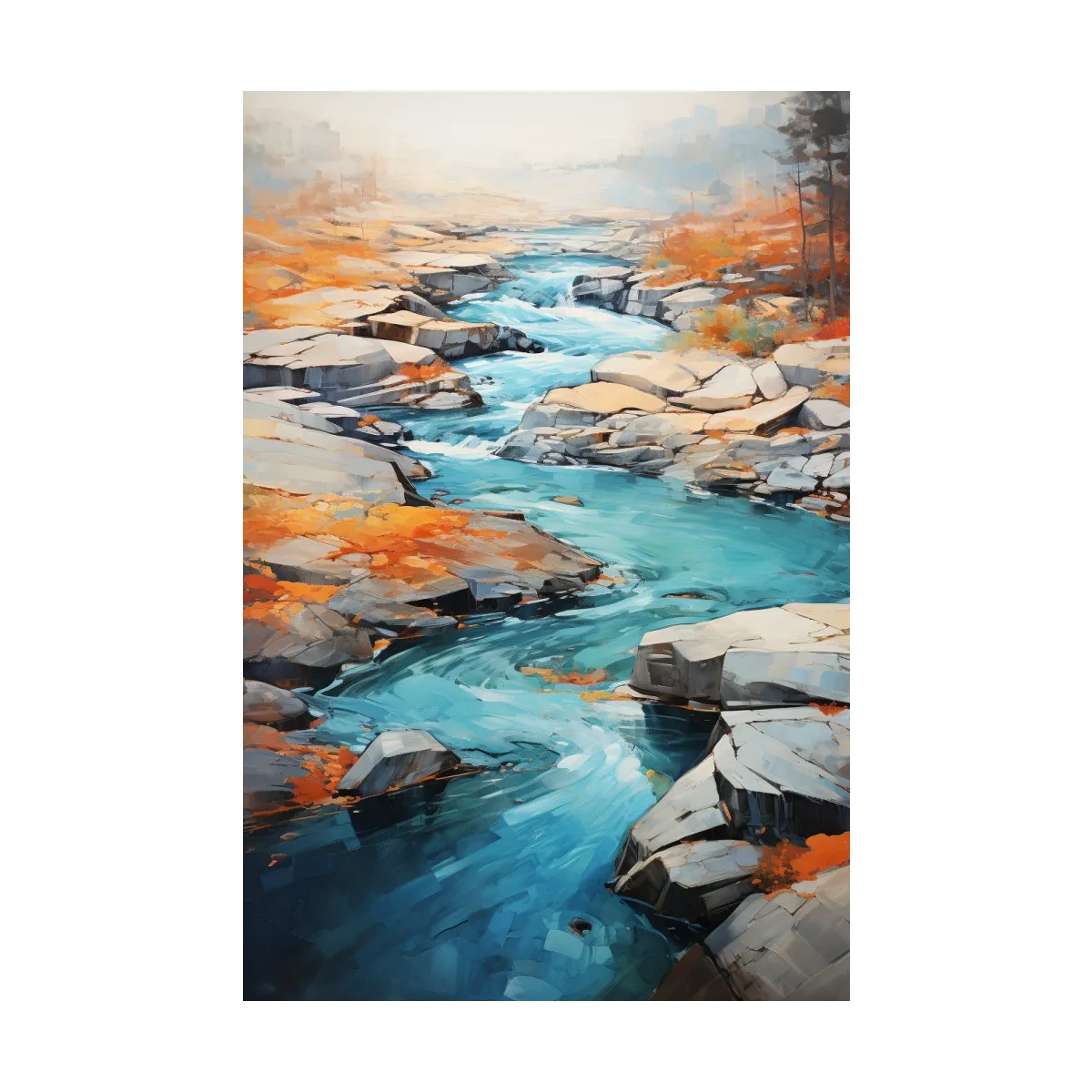 Serene painting of a river flowing through the rocks in fall