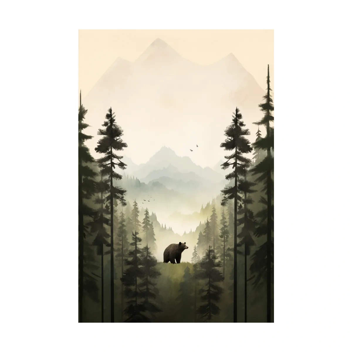 Misty Pine Forest Bear Illustration - Minimalist Wildlife Wall Art