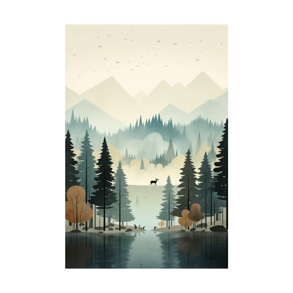 Alpine Lake Forest With Deer - Scandinavian Minimalist Wall Art