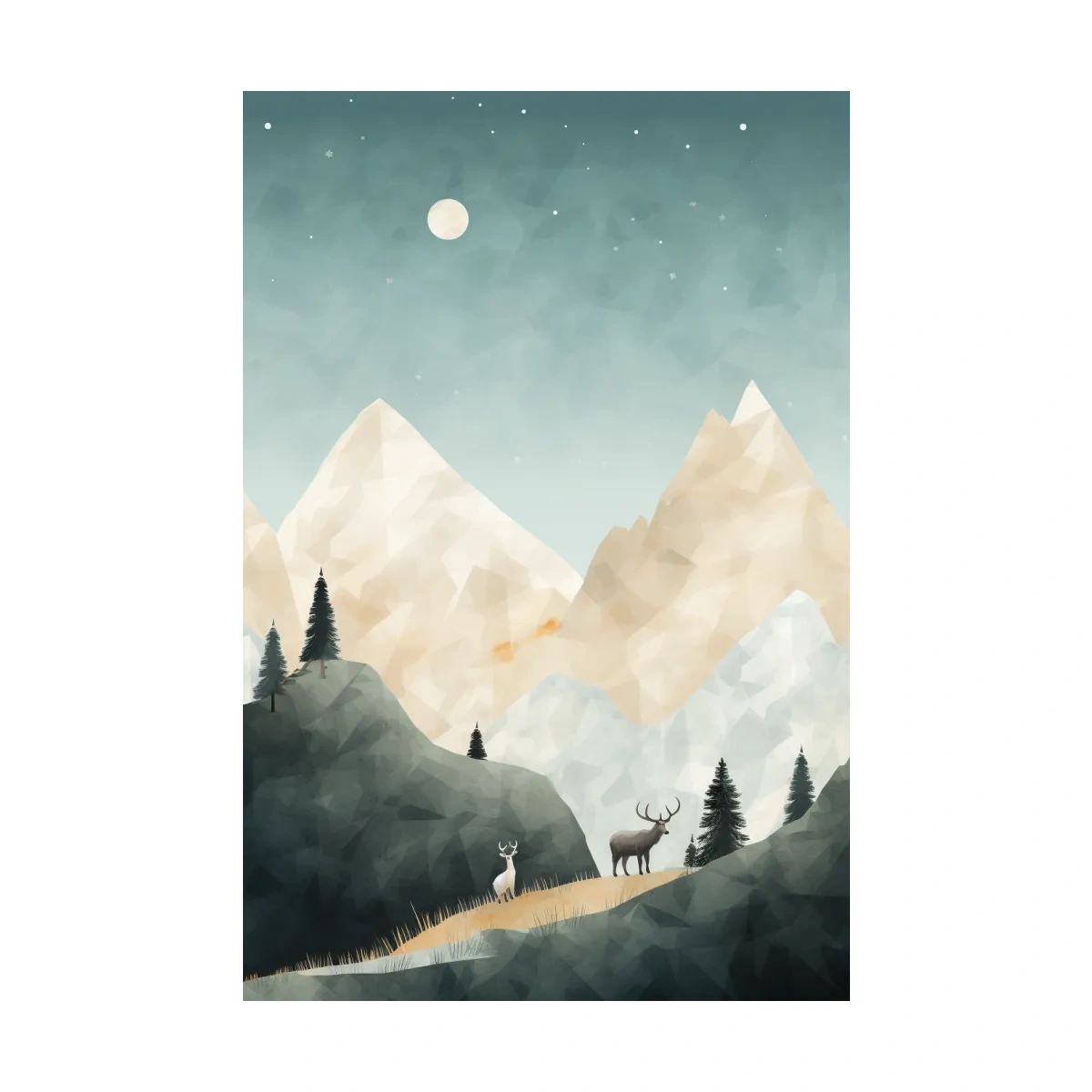 Mountain Deer Landscape Illustration - Minimalist Alpine Forest Wildlife Wall Art