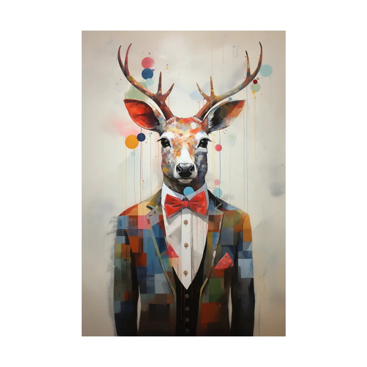A collage style painting of a deer in a tuxedo