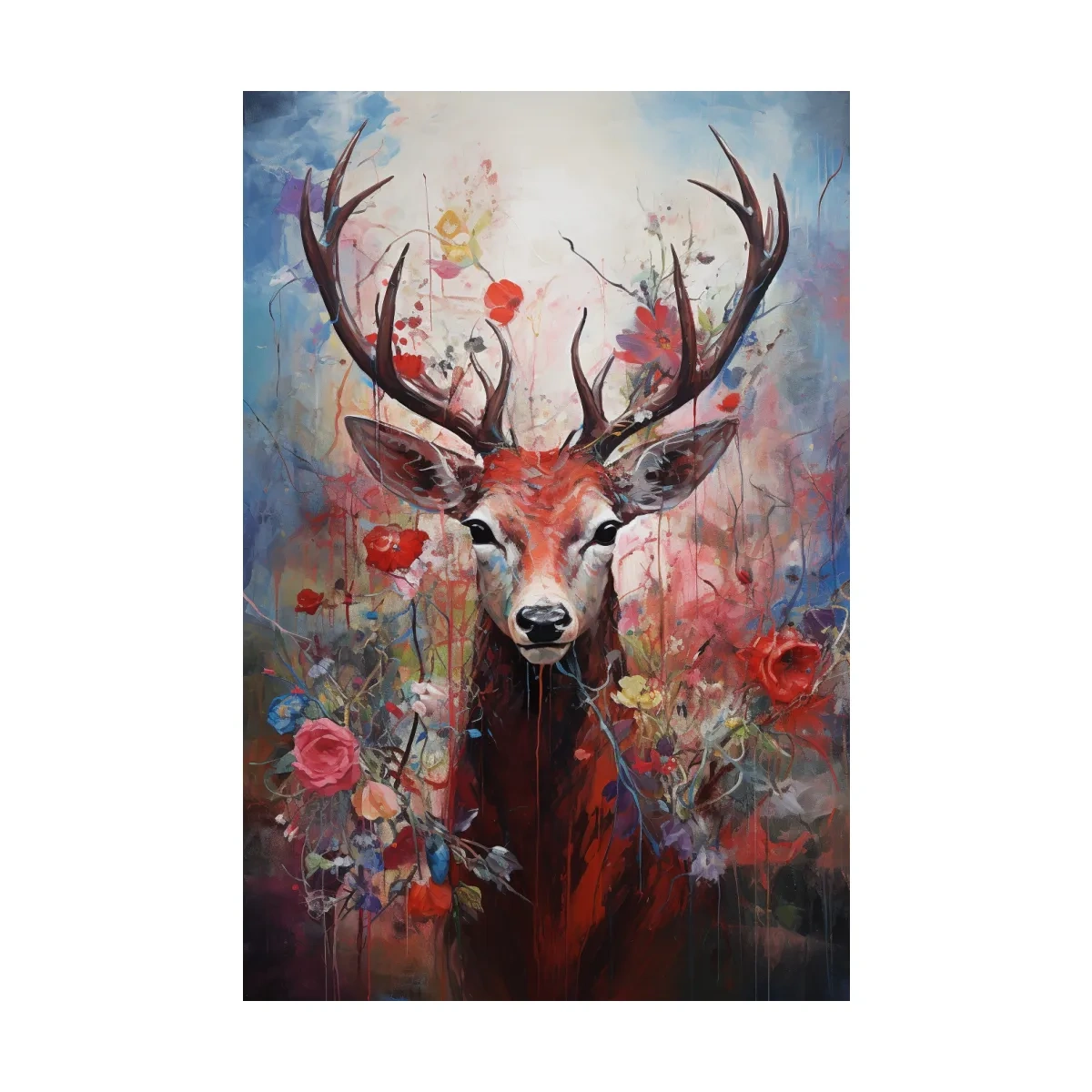 Floral painting of a deer, vibrant wall art