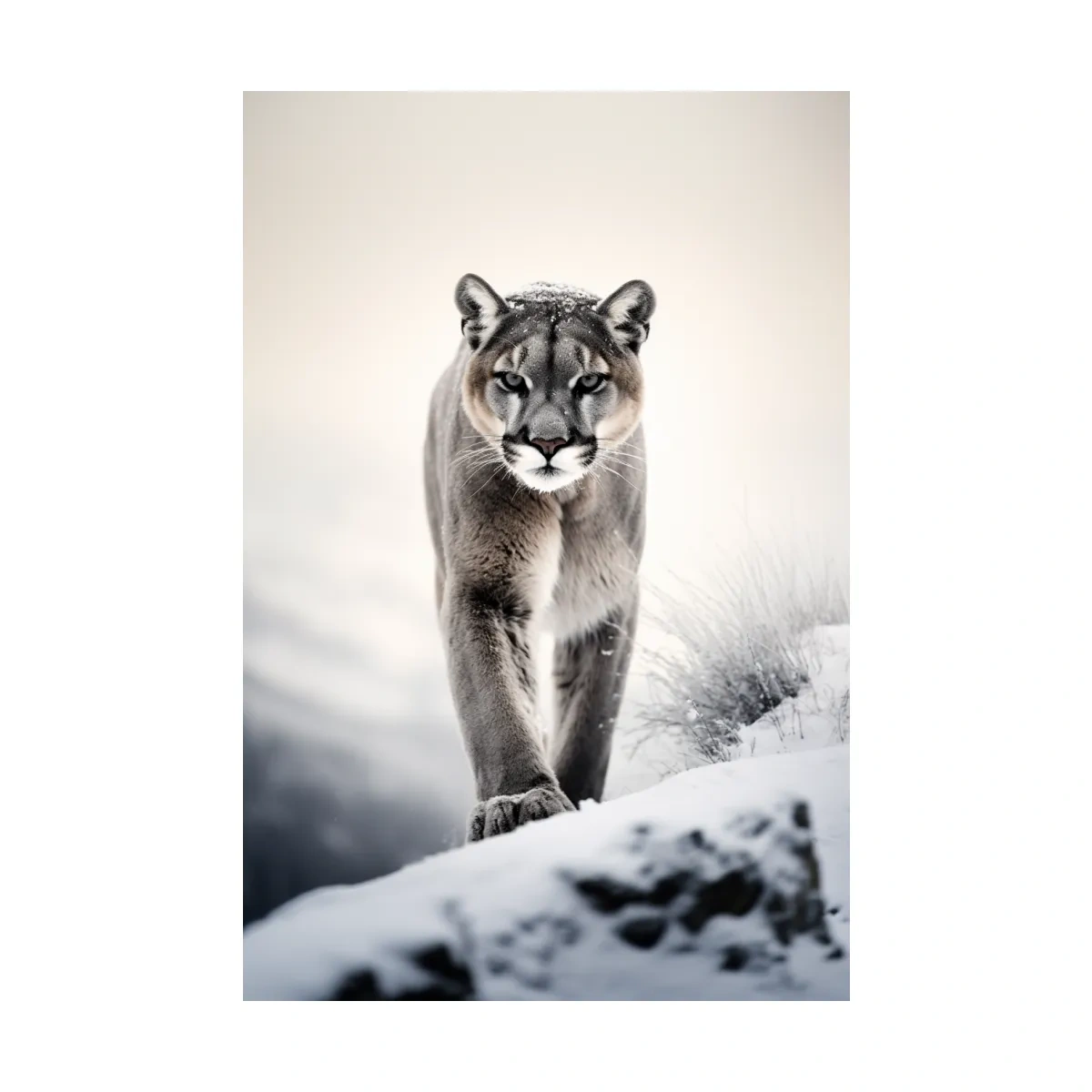Photograph of a mountain lion walking in snow