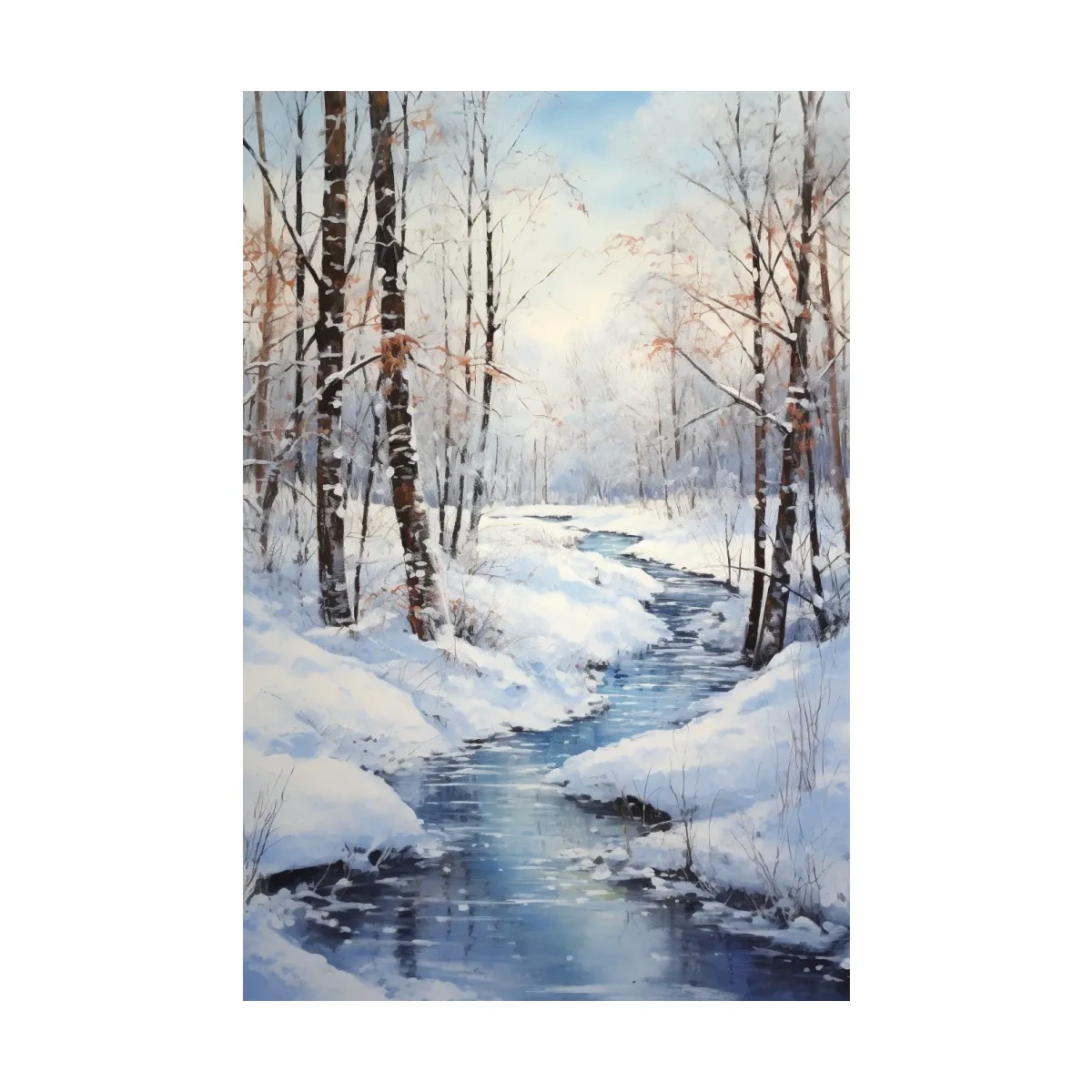 Serene Winter River Forest Painting - Snowy Woodland Wall Art