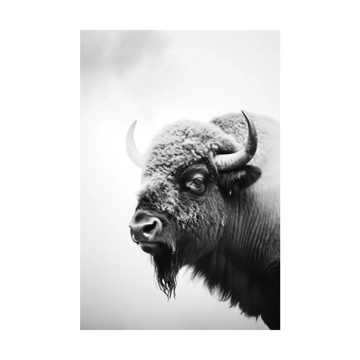 Moody Black And White Bison Portrait - Minimalist Photographic Wildlife Wall Art