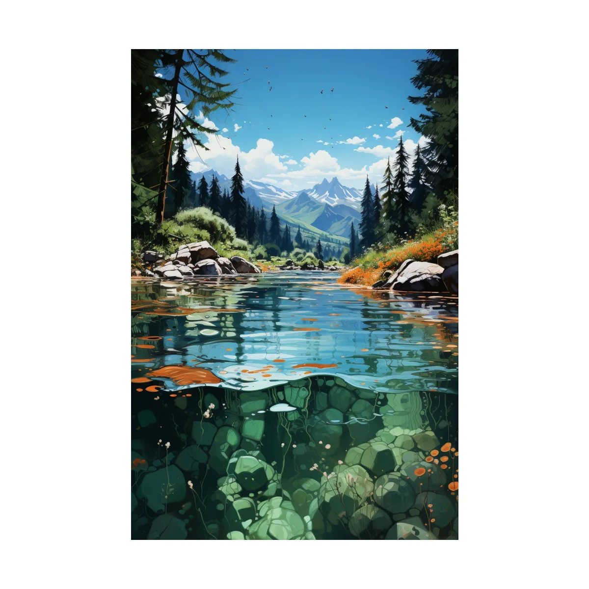 Illustration art of an alpine stream in summer