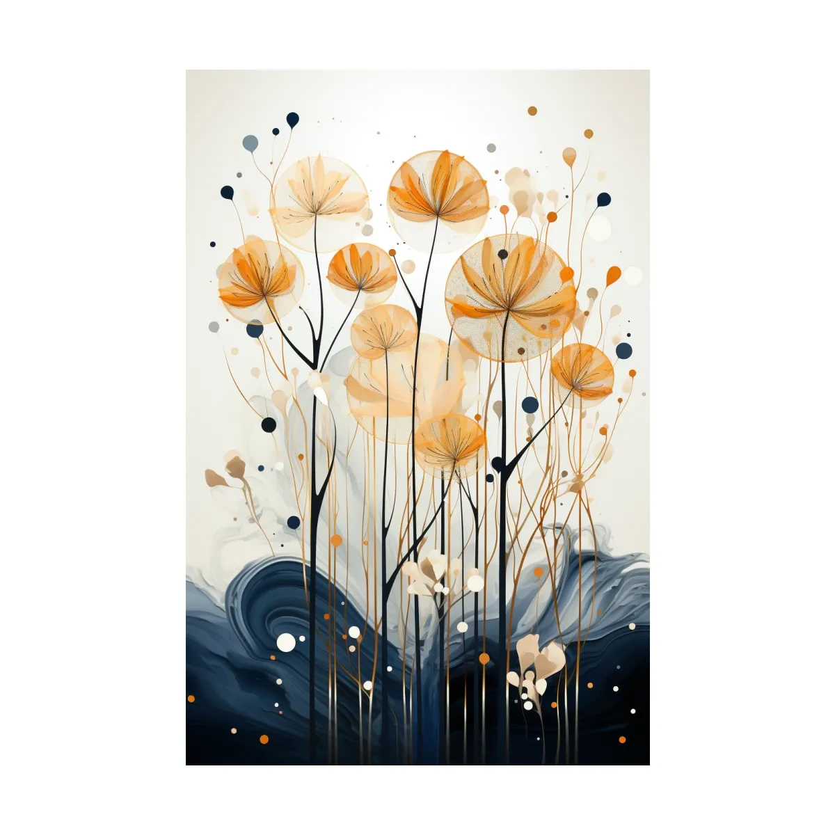 Abstract Golden Wildflower Ink Wash - Botanical Boho Wall Art