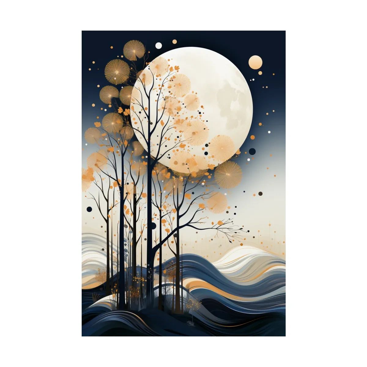 Abstract Moonlit Forest Silhouette - Elegant Boho Landscape Wall Art