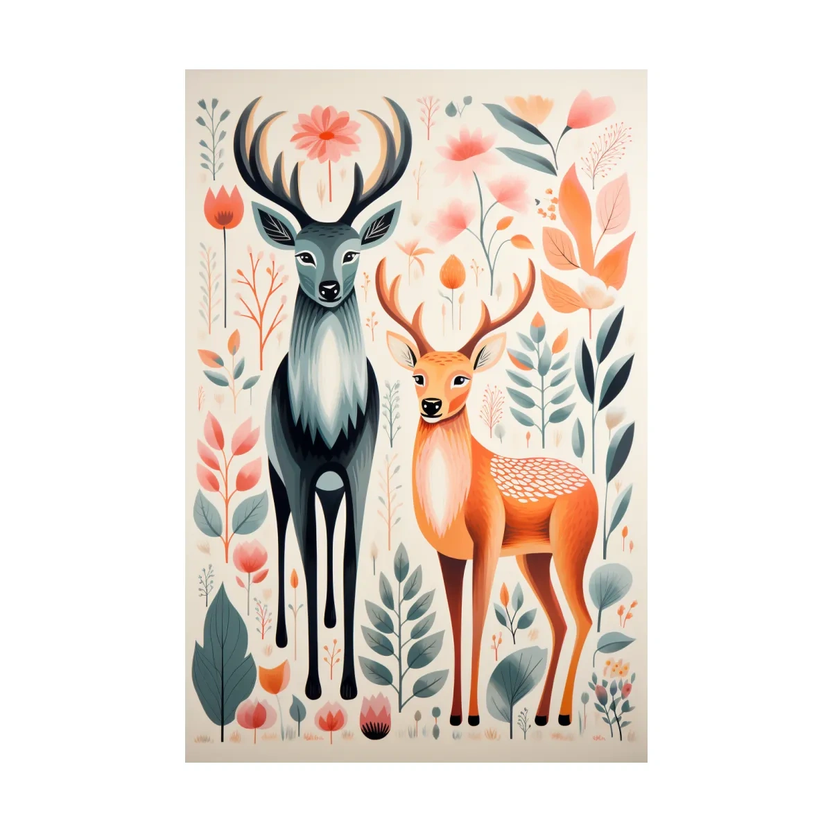Flat colour vector print of deers and foliage, folk art style