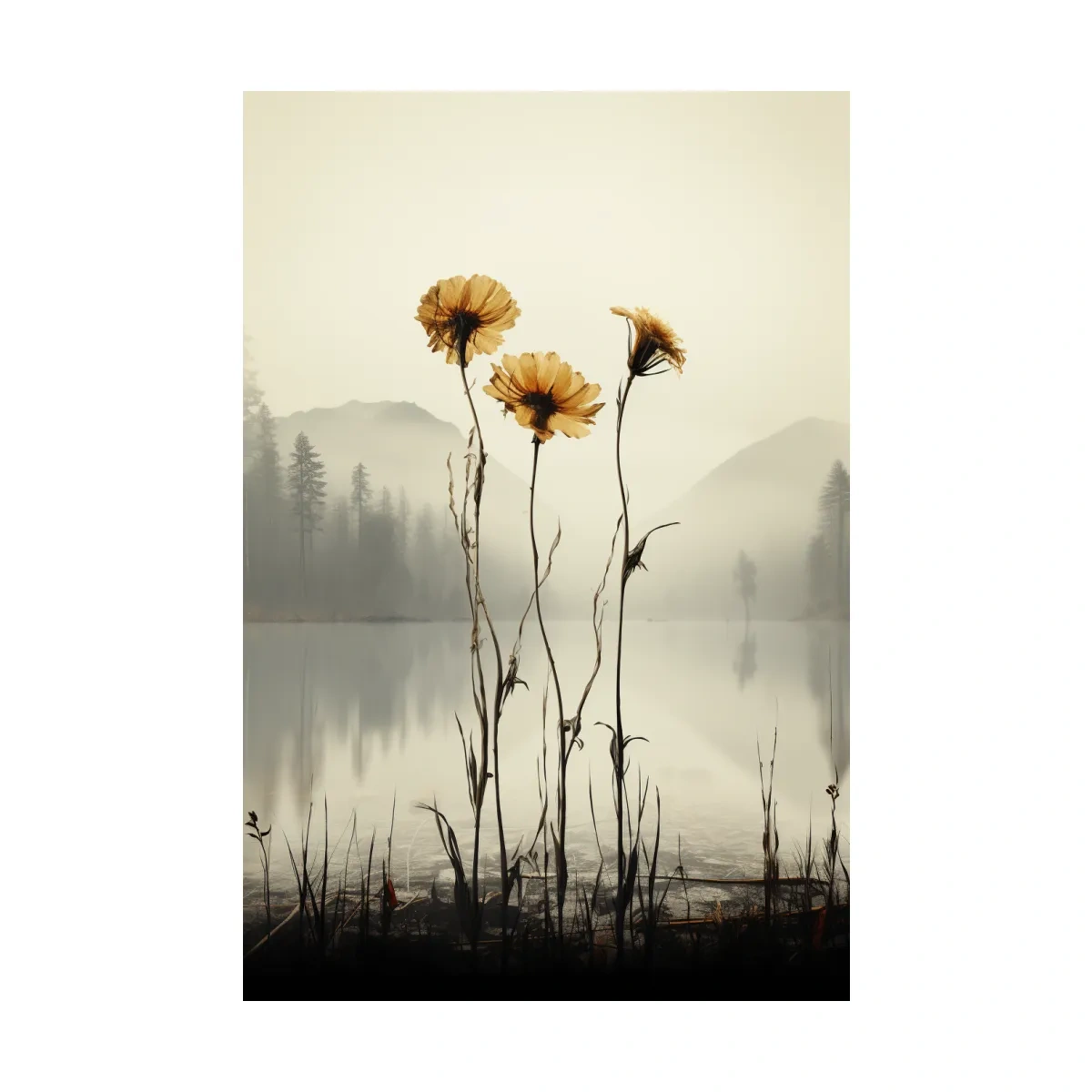 Wildflower Misty Lake Landscape - Minimalist Botanical Wall Art
