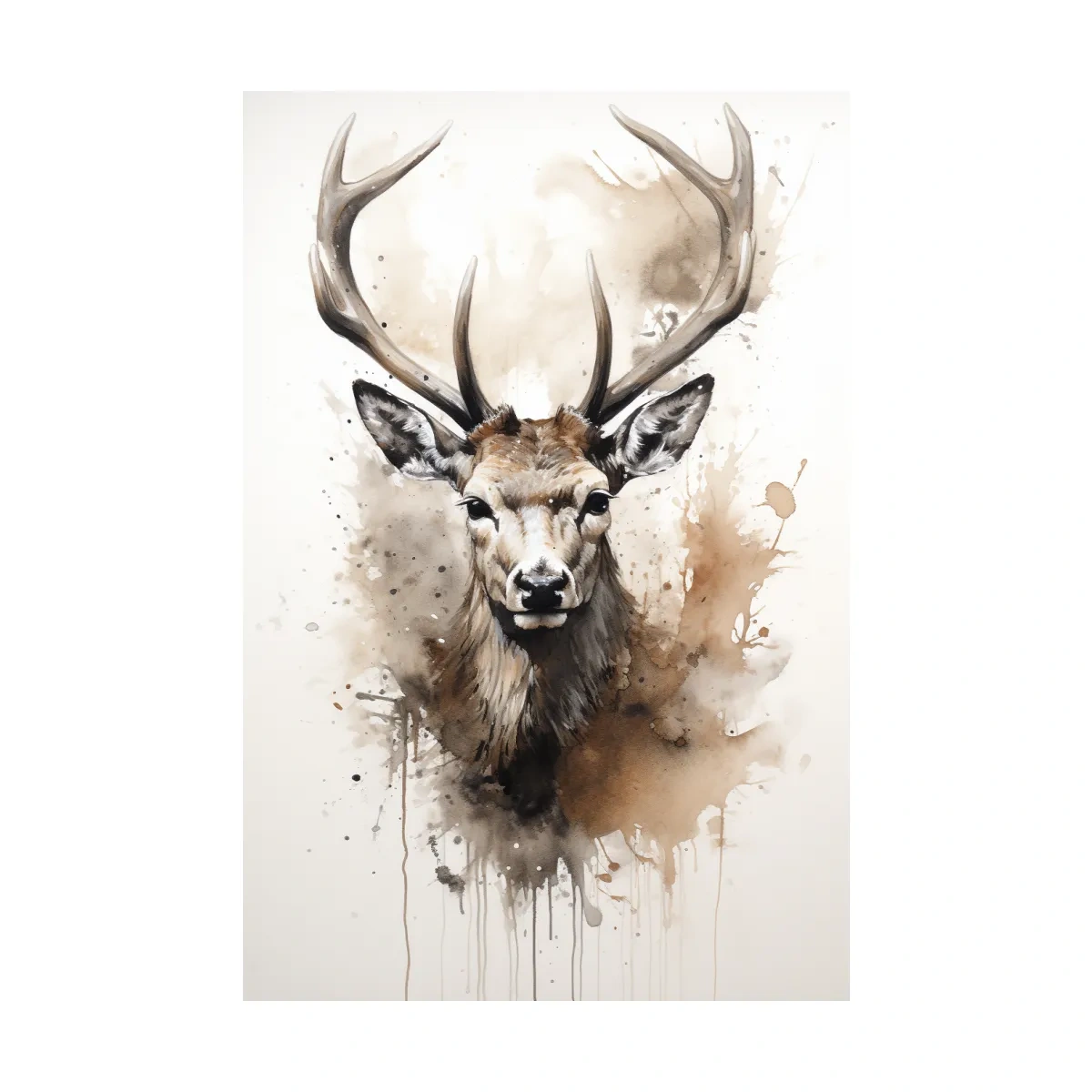 Splattered watercolour painting of a deers head