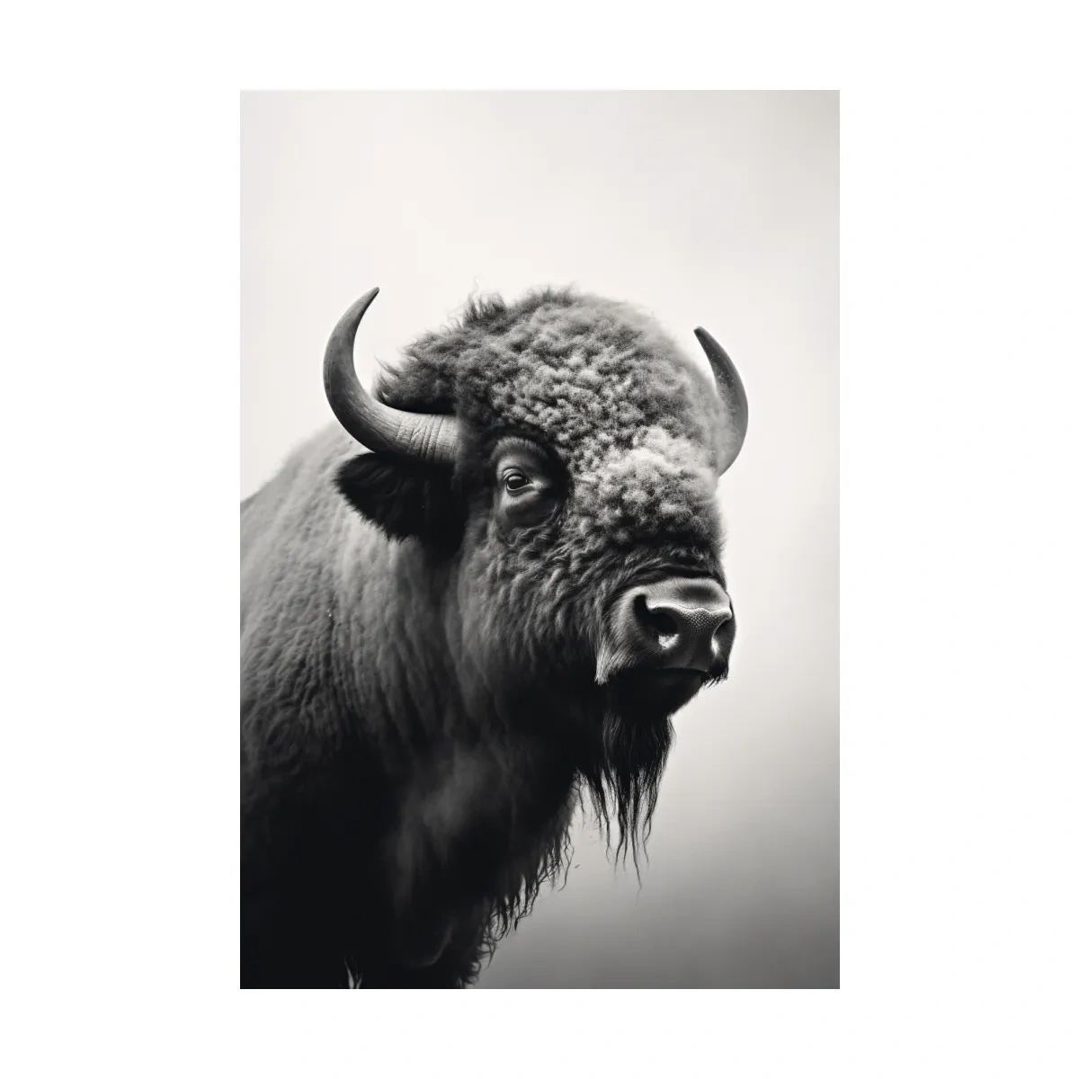 Photographic art, black and white photo of a bison on a crisp winter morning