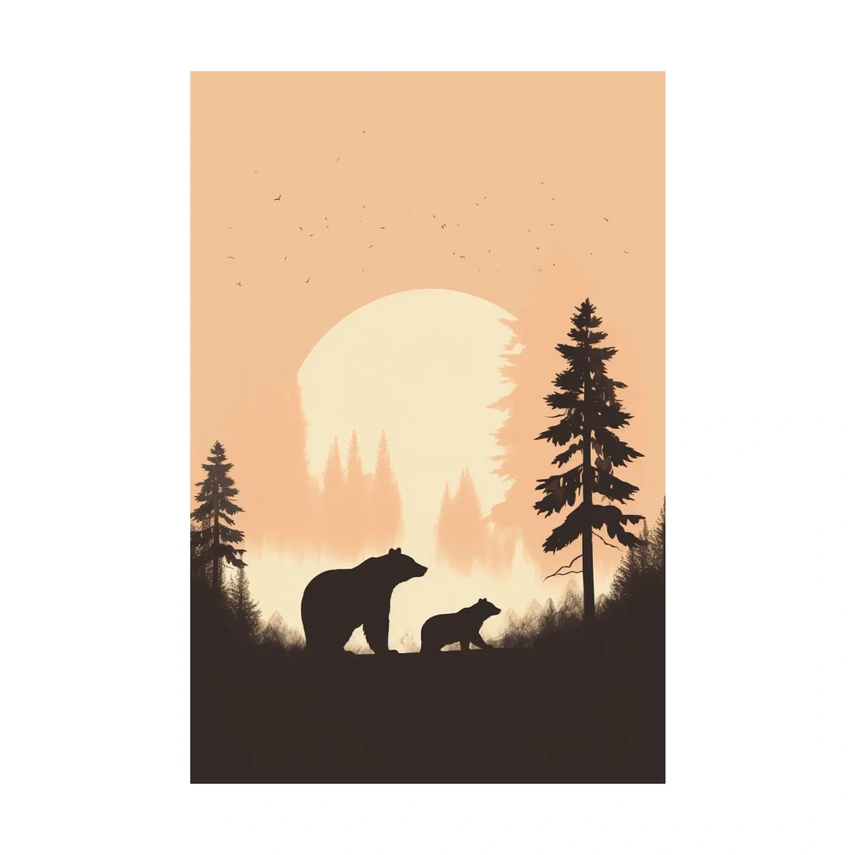 Momma Bear & Cub Silhouettes At Sunset - Minimalist Forest Wildlife Wall Art