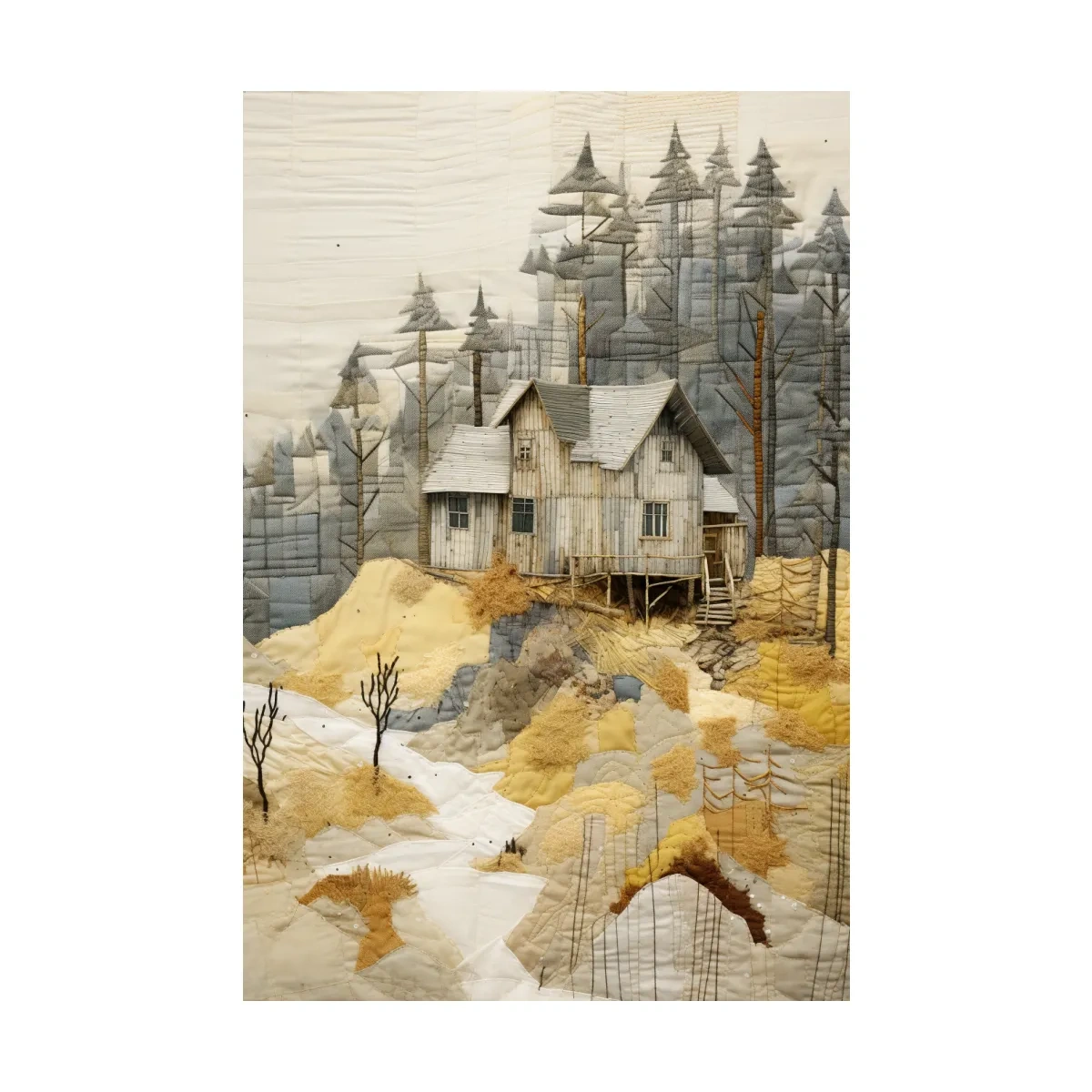 Rustic Woodland Cabin Landscape Quilt Art - Patchwork Style Mixed Media Wall Art