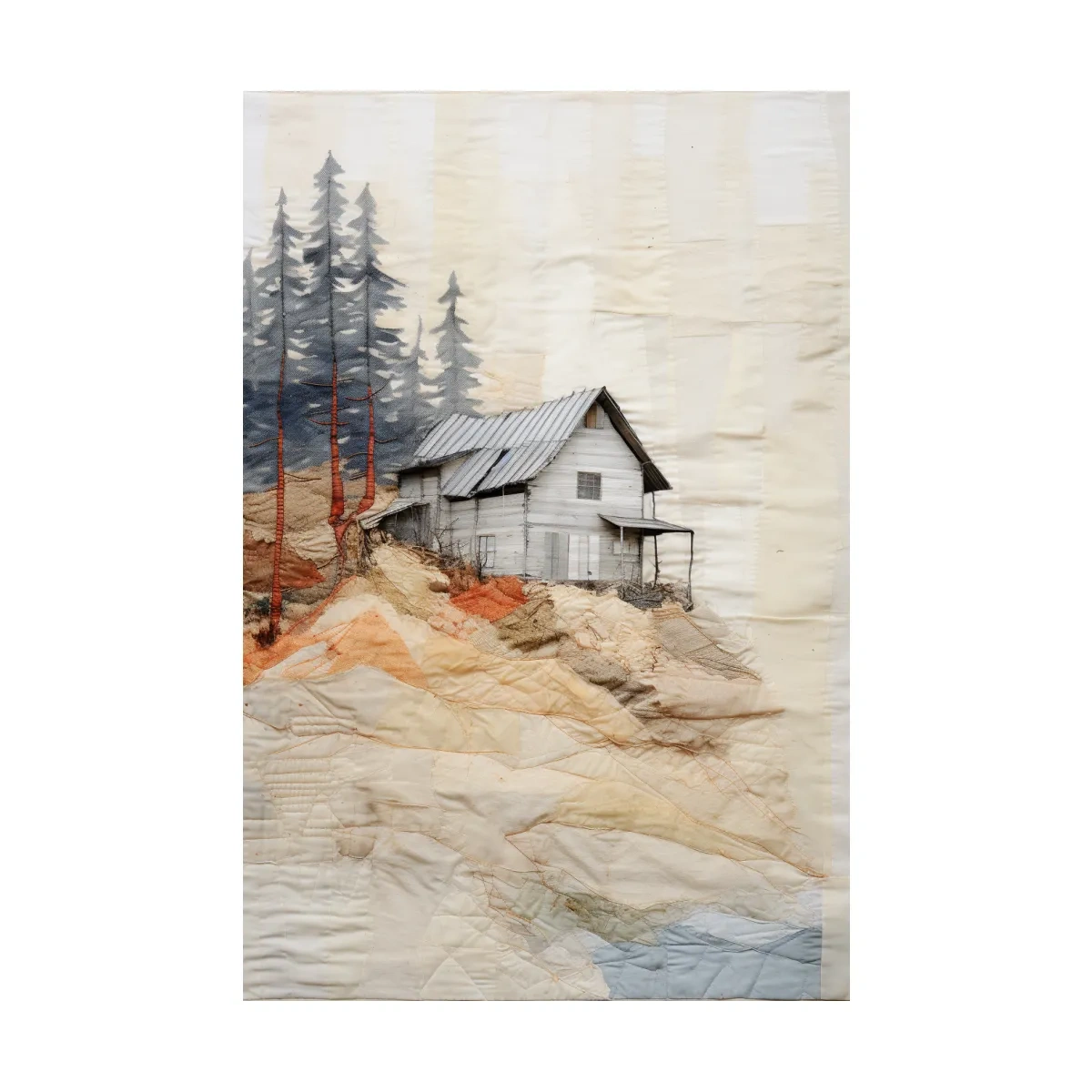 Rustic Hillside Cabin Quilt Collage - Patchwork Effect Forest Landscape Wall Art