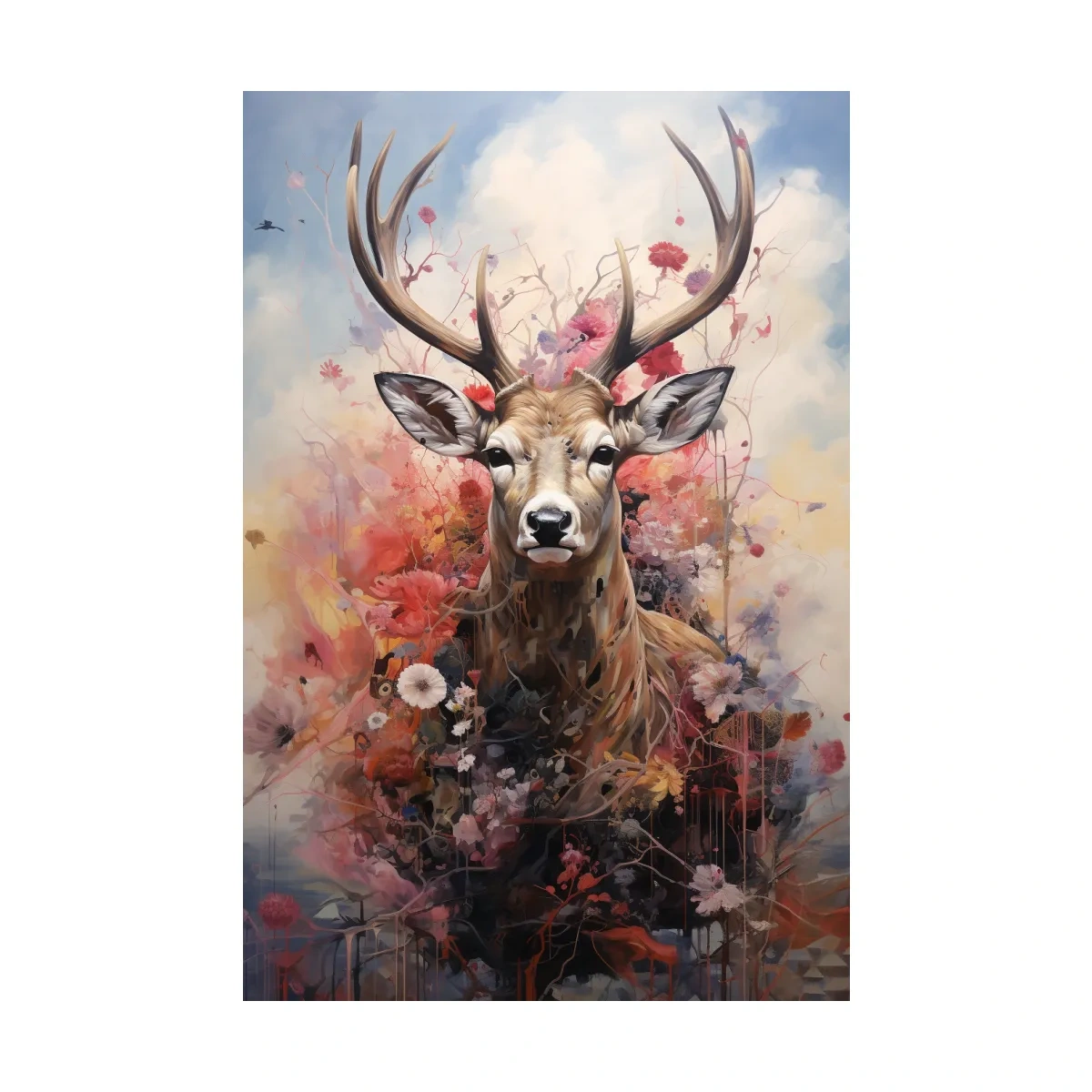 Painting of a deer head wrapped in flowers