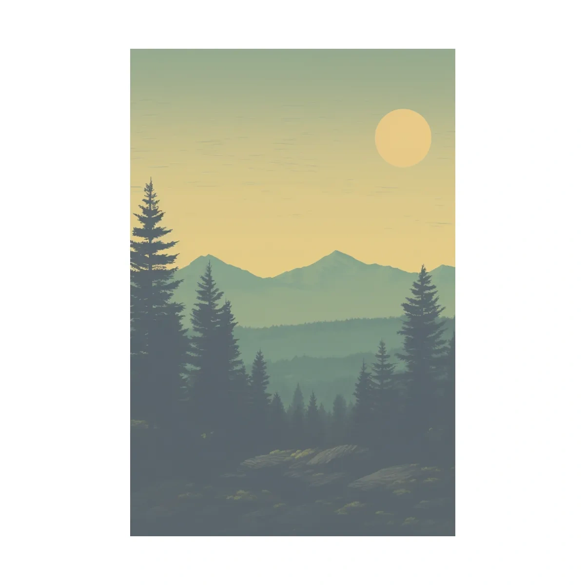 Minimalist Hazy Mountain Sunrise Landscape - Serene Alpine Forest Wall Art