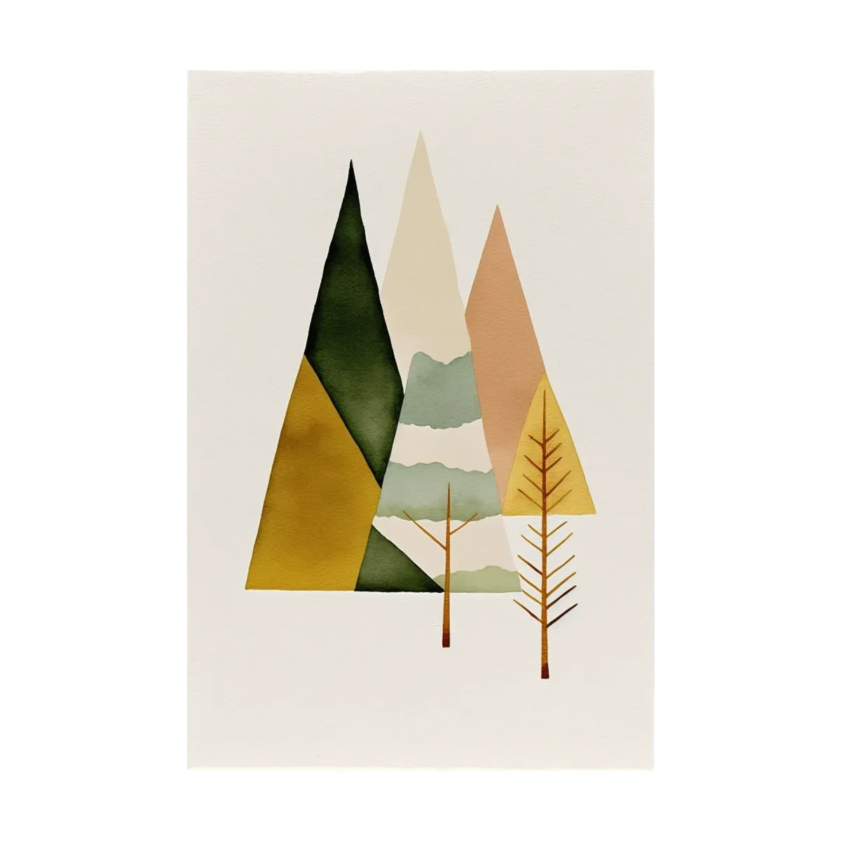 Minimalist Scandinavian Geometric Mountains - Modern Watercolor Forest Landscape Wall Art
