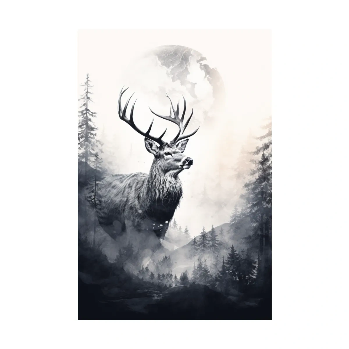 Majestic Stag In Misty Moonlit Forest - Double Exposure Wildlife Wall Art