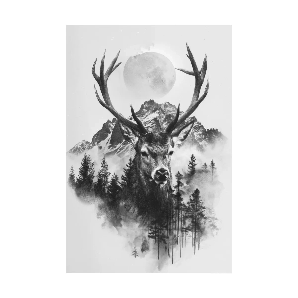 Monochrome Stag Glacier Moon Drawing - Double Exposure Wildlife Wall Art